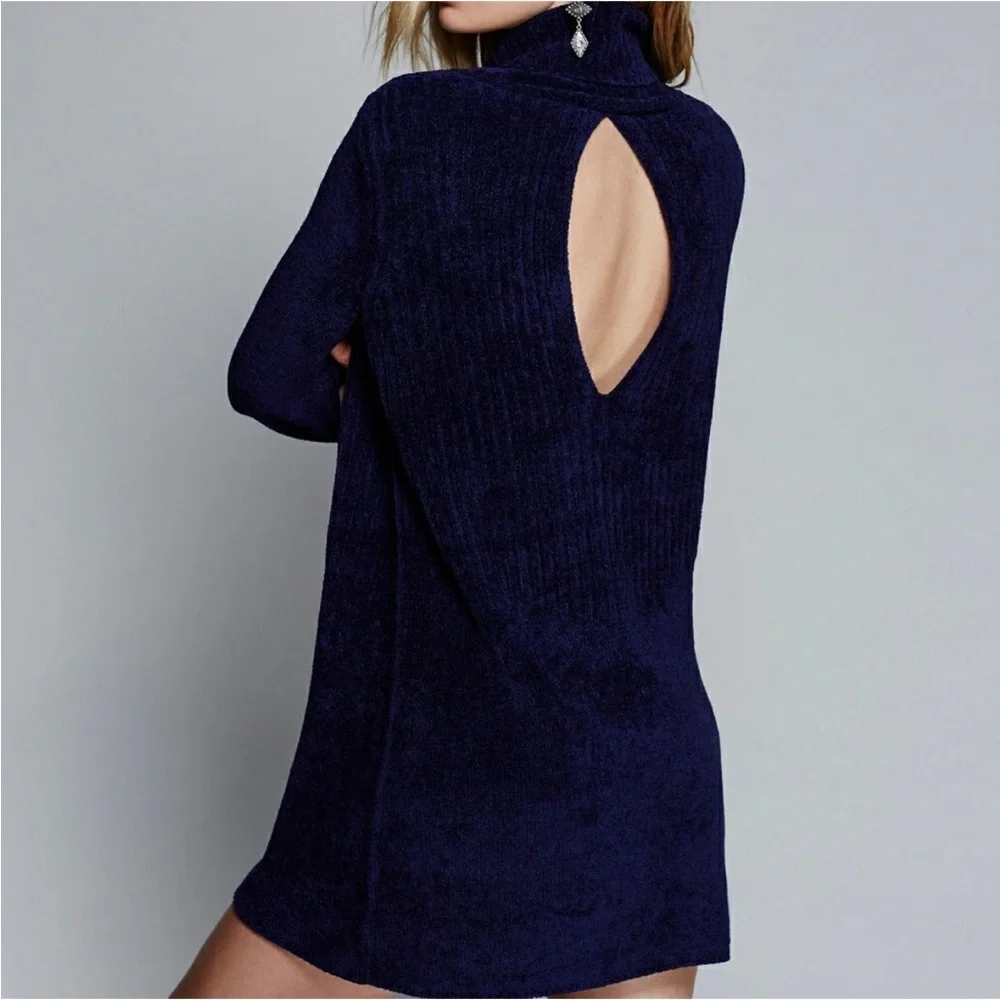 Free People Navy Blue New Moon Chenille Tunic Turtleneck Sweater XS - Picture 9 of 9